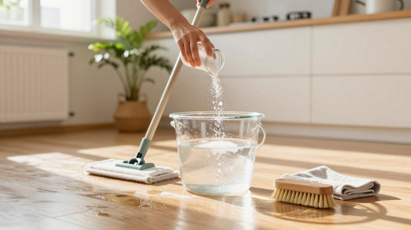 Hand gießt Reinigungsmittel ins Wasser neben Wischmopp auf hellem Holzfußboden in heller Küche.