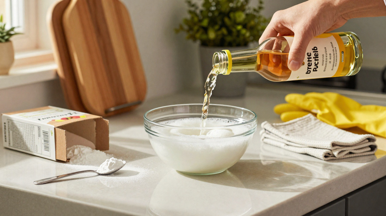 Hand gießt Essig in Glas mit Backpulver auf Küchentheke mit Schneidebrett und Reinigungshandschuhen.