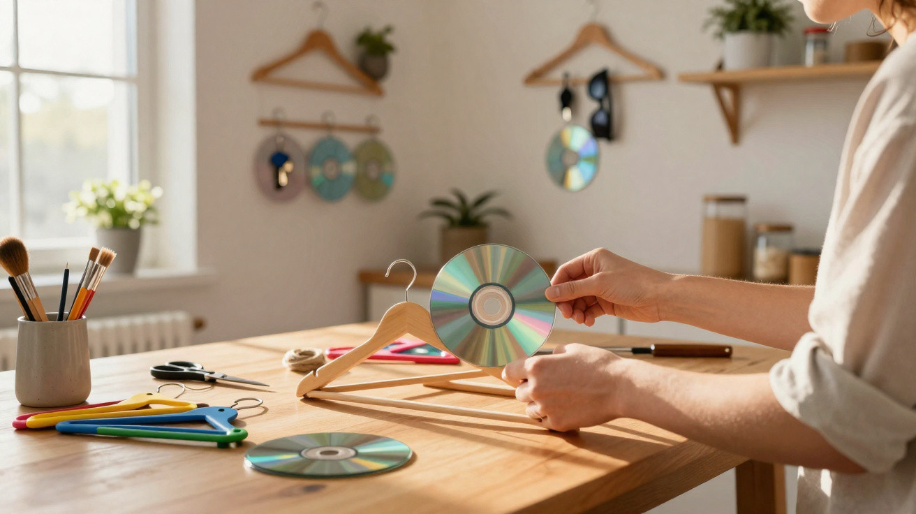 Person befestigt eine CD an einem Holzkleiderbügel auf einem Tisch mit Bastelmaterialien.