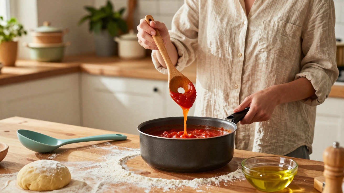 Person rührt Tomatensauce in einem Topf, neben Teigkugel und Olivenöl auf Holzarbeitsplatte in Küche.