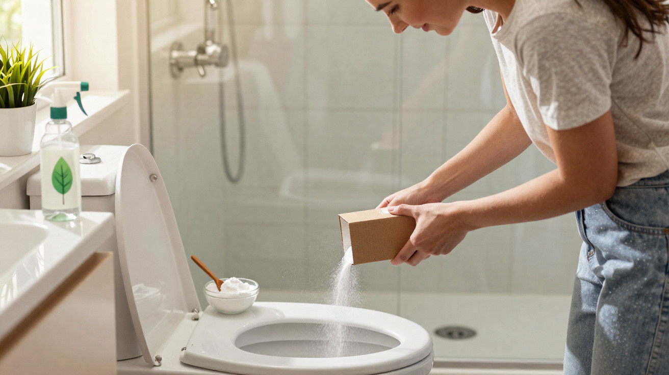 Frau streut Reinigungspulver in WC während sie Badezimmer mit Dusche im Hintergrund putzt.