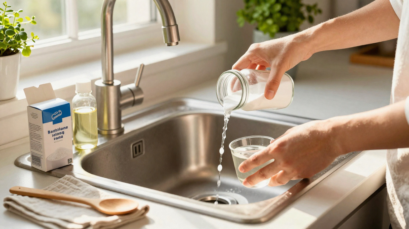 Person gießt Wasser aus einem Glas in die Spüle in einer modernen, hellen Küche.