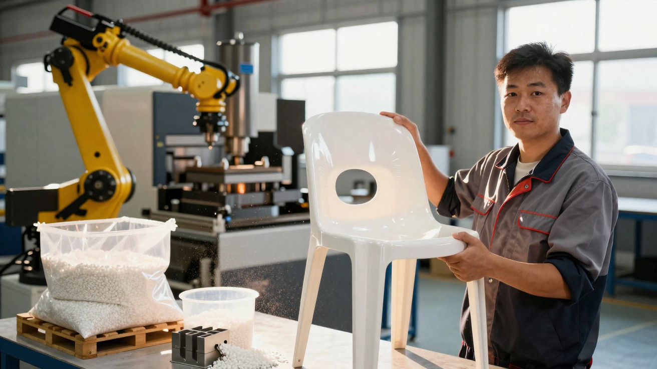 Mann in Werkstatt zeigt weißen Kunststoffstuhl neben Roboter und Materialbehältern.