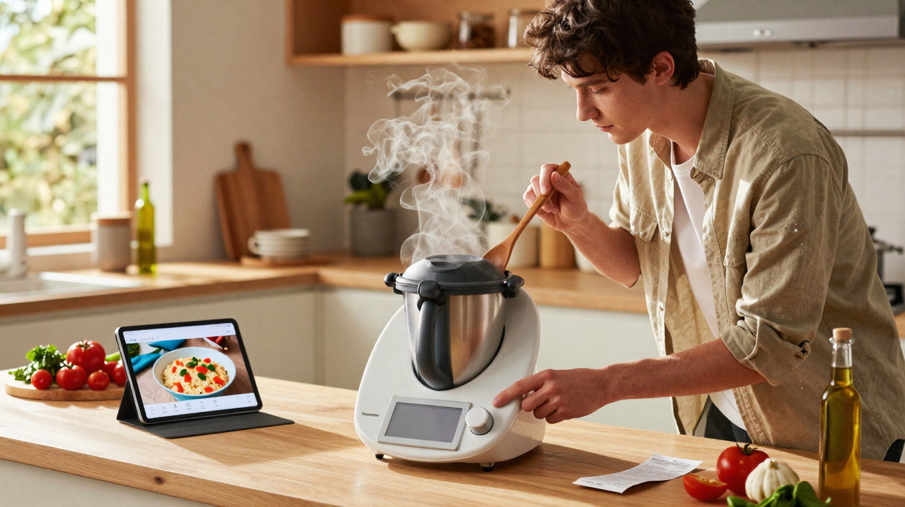 Junger Mann rührt in Dampfdampfender Küchenmaschine, rechts frisches Gemüse, links Tablet mit Rezept.