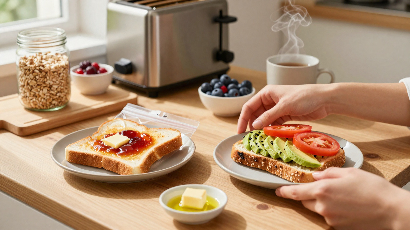 Frühstück mit Toast, Avocado, Tomaten, Marmelade, Butter und dampfendem Kaffee auf hellem Holztisch.