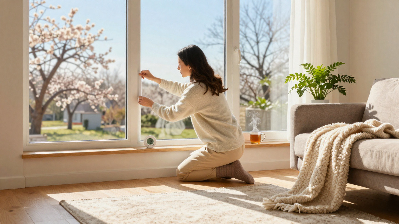 Frau kniet vor großem Fenster, öffnet es, mit blühendem Baum und Sonne im Hintergrund, gemütliches Wohnzimmer.