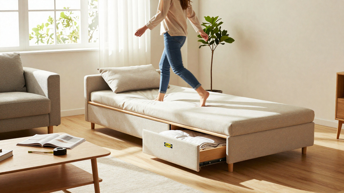 Frau läuft barfuß auf einem beigen Tagesbett mit Ausziehschublade in hellem Wohnzimmer mit Pflanze.
