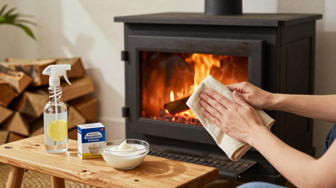 Person trocknet sich die Hände vor einem brennenden Kamin, daneben Sprühflasche und Creme auf Tisch.