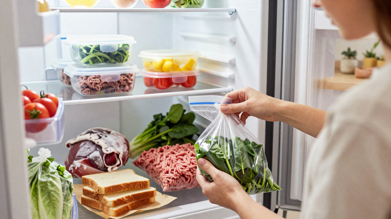 Person packt frischen Spinat in einen Gefrierbeutel vor offenem Kühlschrank mit Gemüse, Fleisch und Brot.
