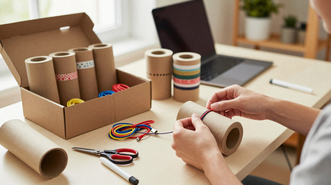 Person bastelt mit bedruckten Papierrollen, bunten Schnüren und Schere an einem hellen Tisch mit Laptop.