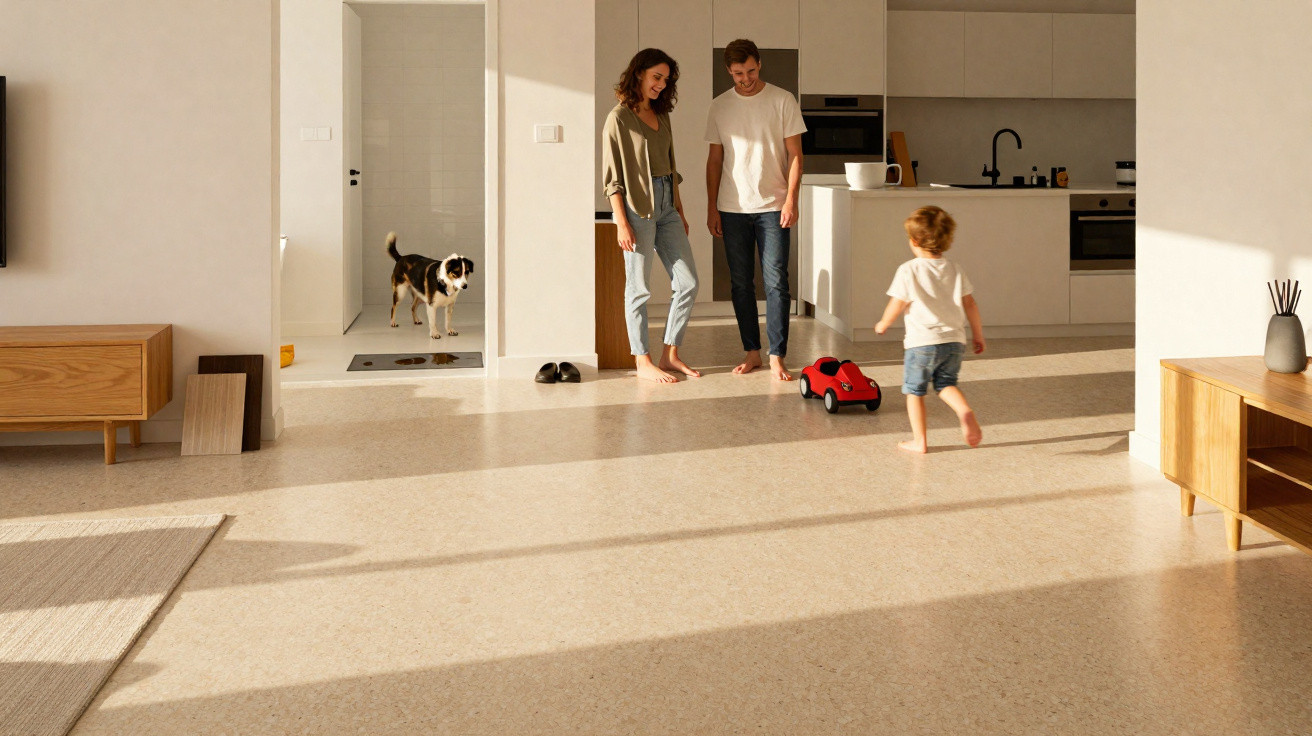 Junge Familie mit Kind und Hund in hellem, modernem Wohnzimmer mit Küche und Spielzeugauto.