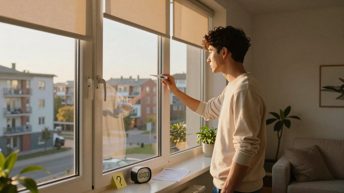 Junger Mann misst Temperatur an Fenster in modernem Wohnzimmer bei Tageslicht.