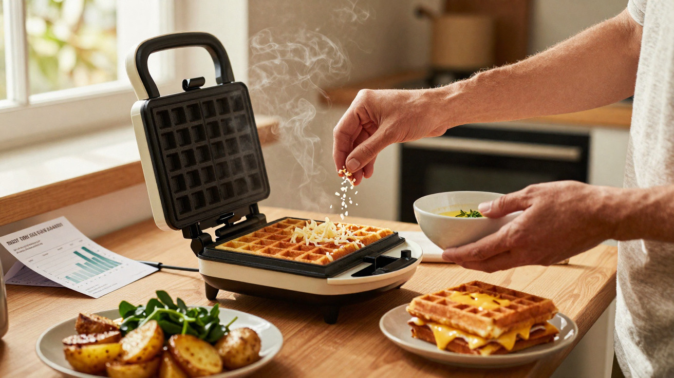 Hand streut Käse über frisch gebackene Waffeln aus einem Waffeleisen in der Küche.