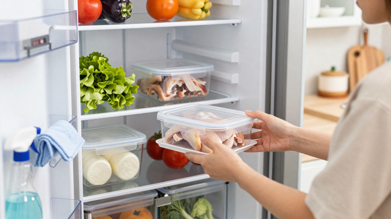 Person legt Plastikbehälter mit rohem Hähnchenfleisch in einen gut gefüllten Kühlschrank.
