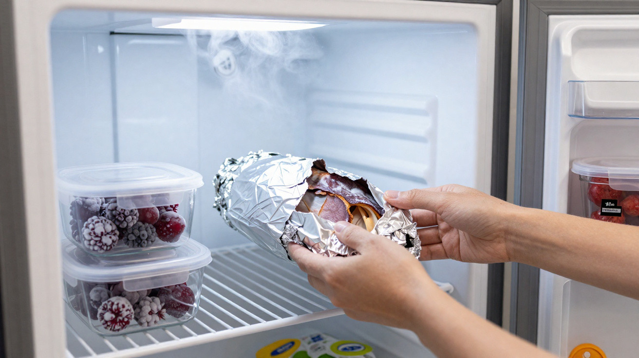 Hände legen dampfendes, in Alufolie gewickeltes Essen in einen Gefrierschrank neben gefrorenen Beeren in Plastikbehältern.
