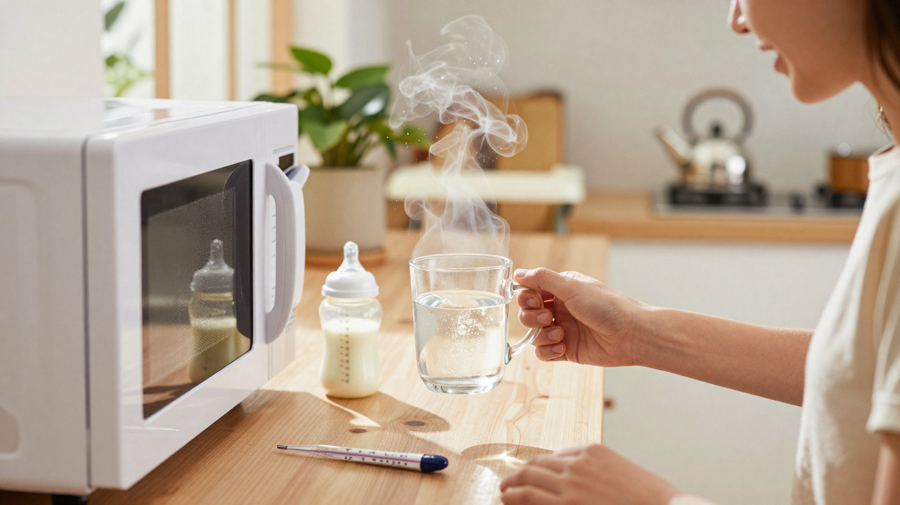 Frau hält eine dampfende Tasse vor einer Mikrowelle, Babyflasche und Thermometer auf dem Tisch.