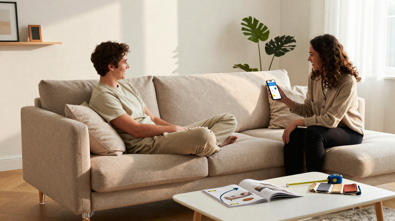 Zwei Personen sitzen auf einem Sofa, eine zeigt dem anderen etwas auf einem Smartphone.