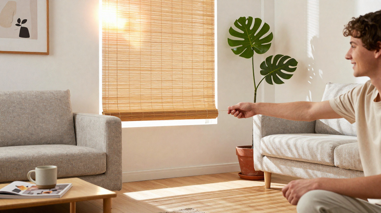 Junger Mann zieht Bambusrollo in modern eingerichteten Wohnzimmer mit Sofa und Pflanze hoch.