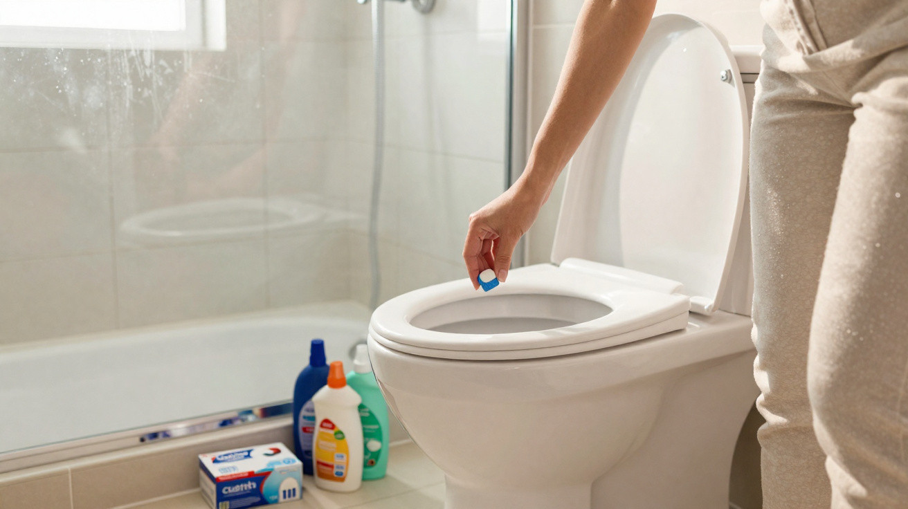 Hand legt WC-Reiniger-Tablet in Toilettenschüssel, im Hintergrund Reinigungsmittel im Badezimmer.