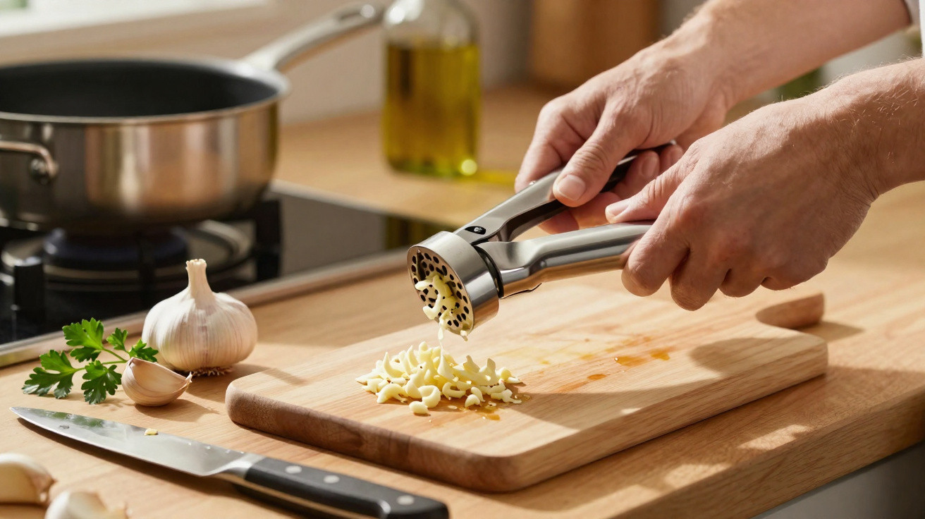 Person presst frischen Knoblauch mit einer Knoblauchpresse auf ein Holzbrett in der Küche.