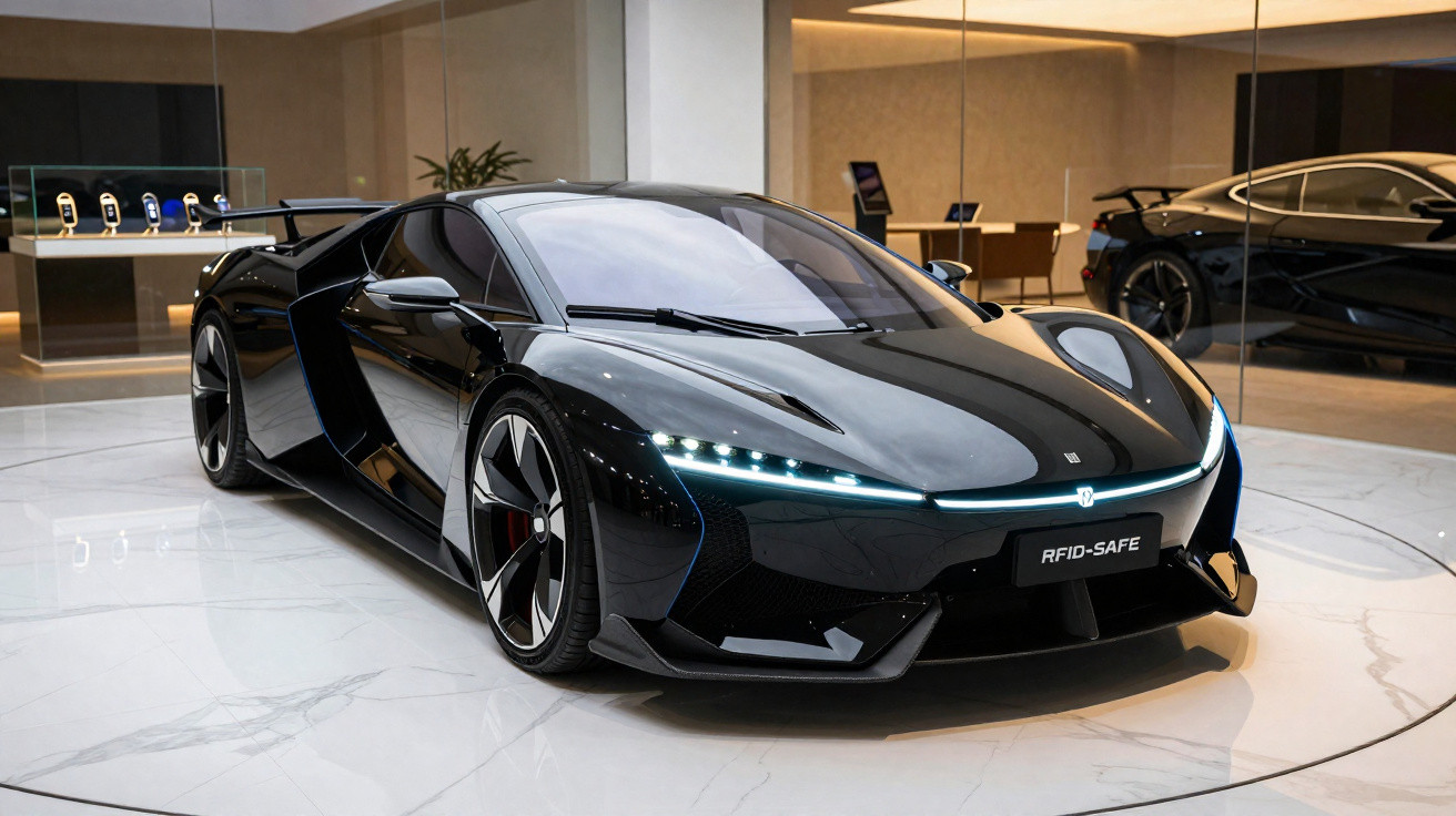 Schwarzer futuristischer Sportwagen mit LED-Scheinwerfern in modernem Innenraum auf glänzendem Boden.
