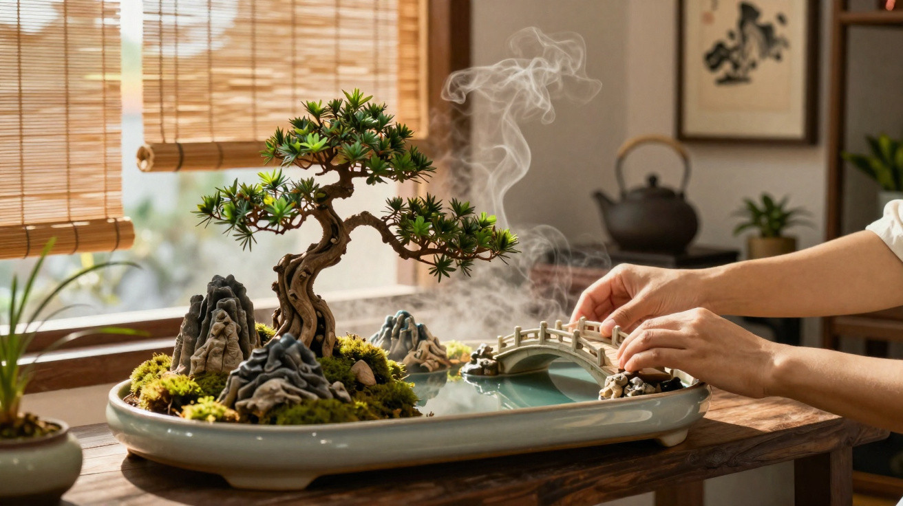 Hände, die eine Miniaturbrücke in einem Mini-Bonsai-Garten mit künstlichen Bergen und Dampf bewegen.