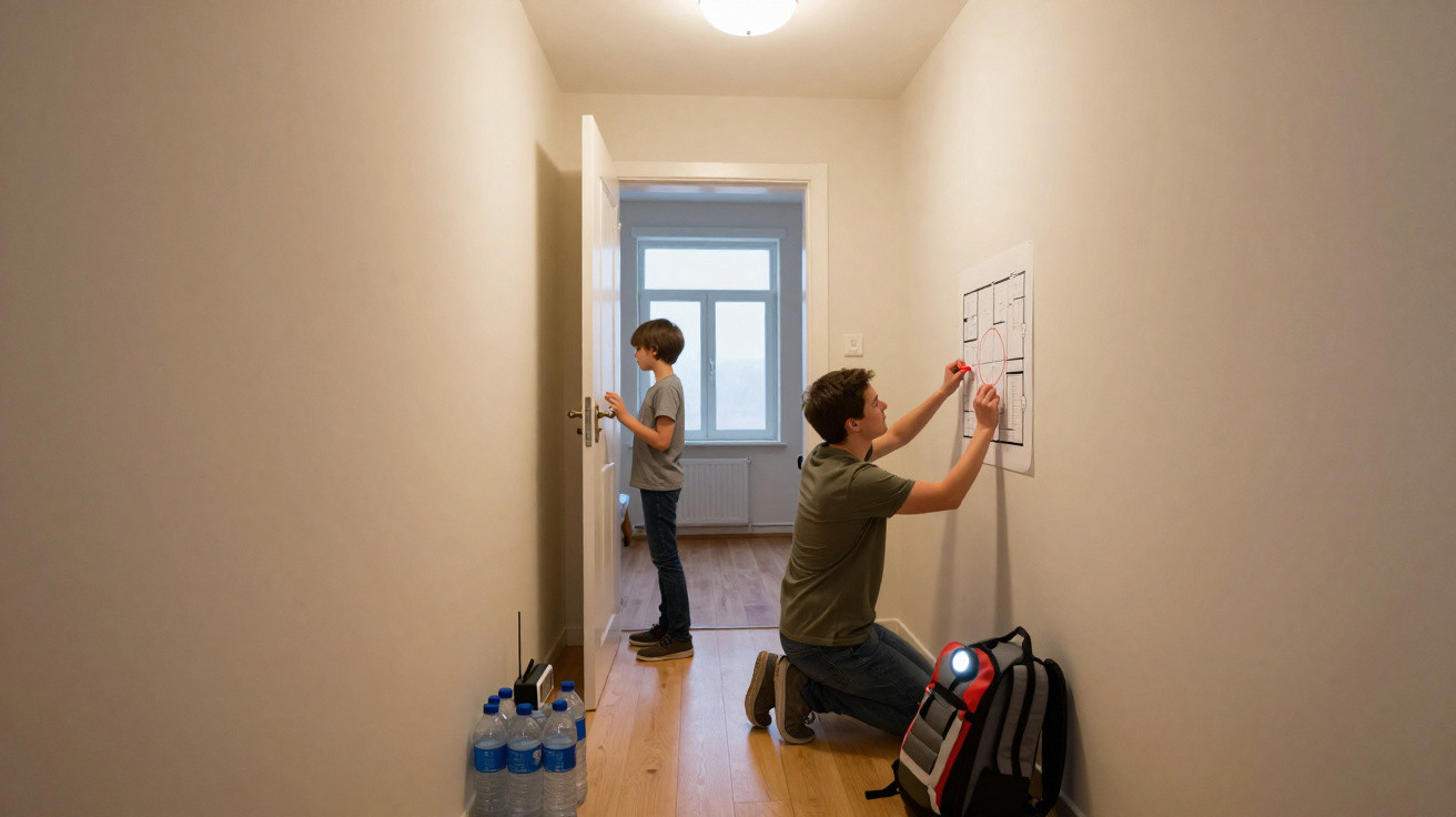 Zwei Jungen in einem Flur, einer zeichnet auf einem Papier an der Wand, der andere steht an einer Tür.