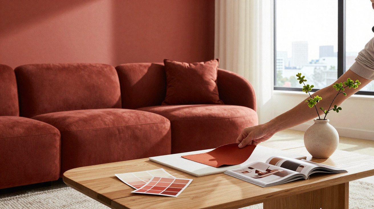Rotes Sofa vor roter Wand, hand hält Farbkarte über Holz-Couchtisch mit Magazin und Vase mit Pflanze.