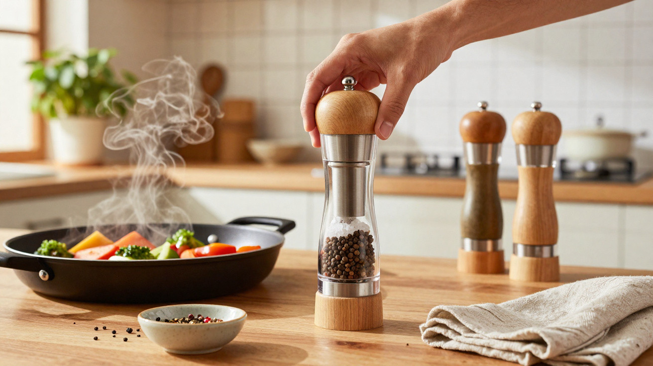 Hand mahlt Pfeffer über dampfendem Gemüse in bratender Pfanne auf Holztisch in Küche.