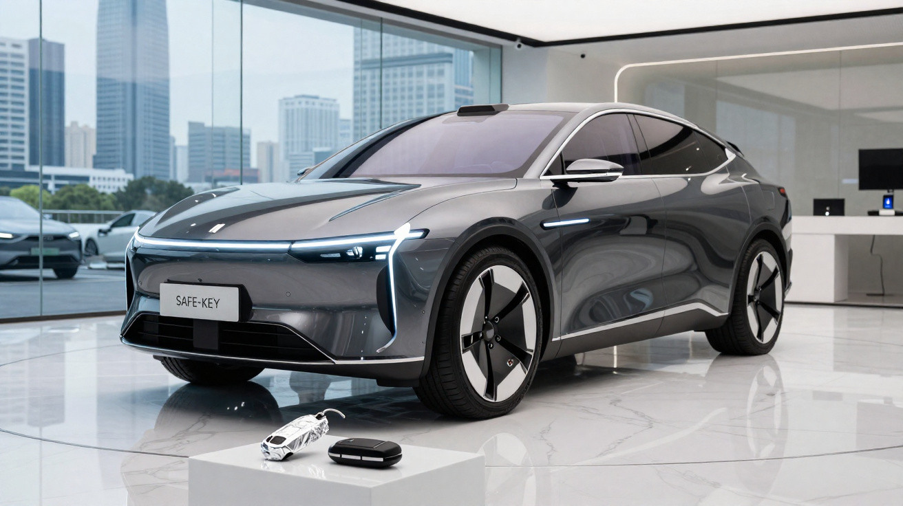 Futuristisches graues Elektroauto in heller Ausstellung mit digitalem Schlüssel auf einem Podest.