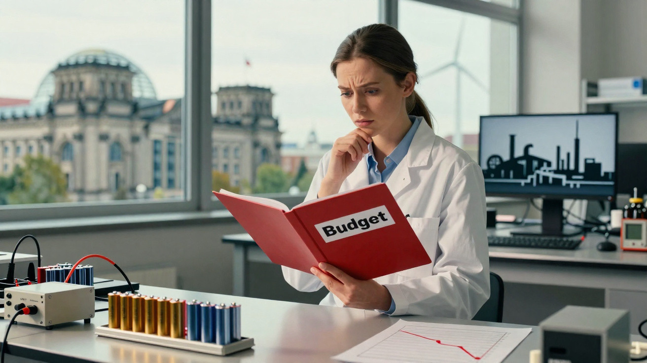 Forscherin im Labor liest besorgt einen roten Ordner mit der Aufschrift „Budget“ vor Berliner Regierungsgebäude.
