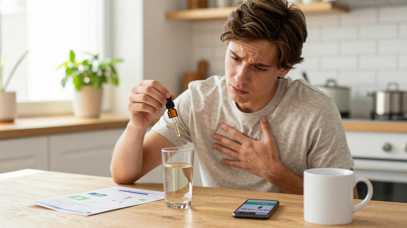 Junger Mann tropft Medizin in ein Glas Wasser und fasst sich an die Brust in einer modernen Küche.