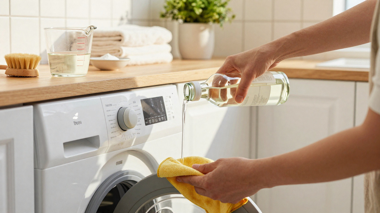 Person gießt Flüssigwaschmittel in eine Frontlader-Waschmaschine in heller, moderner Waschküche.