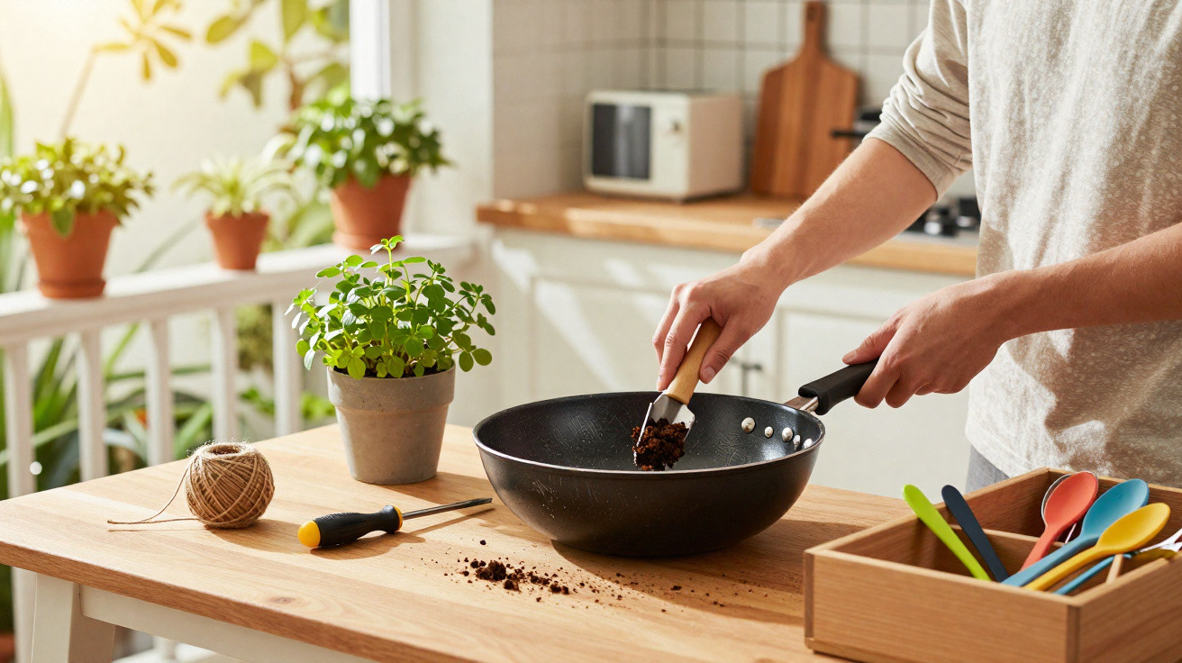 Person kocht mit schwarzer Pfanne, frische Kräuter und bunte Küchenutensilien auf hellem Holztisch