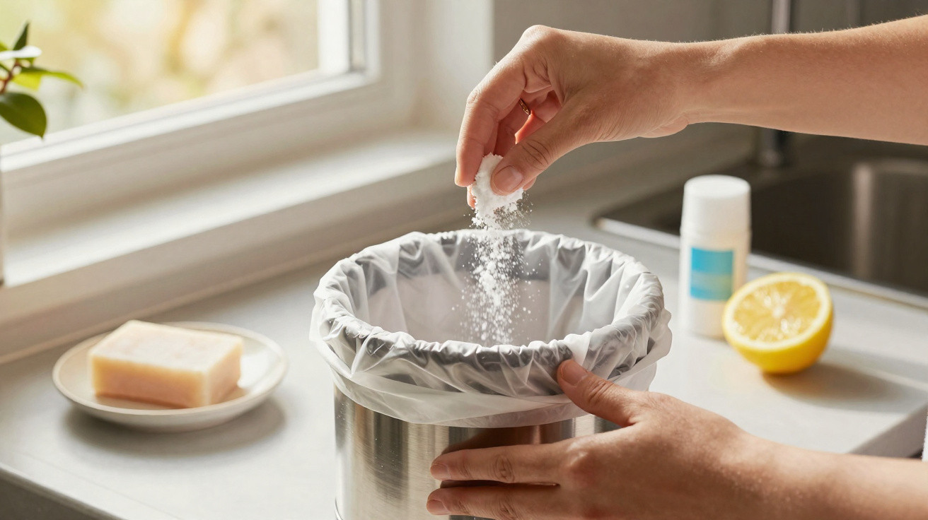Hand streut Salz in einen mit Müllbeutel ausgelegten Abfalleimer in der Küche.