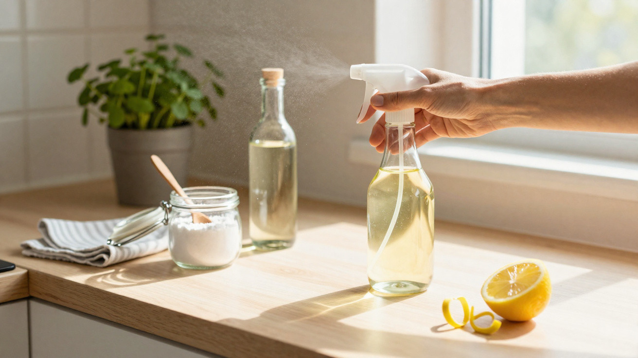 Eine Hand sprüht selbstgemachten Reiniger aus einer Sprühflasche auf einer Küchenarbeitsplatte.