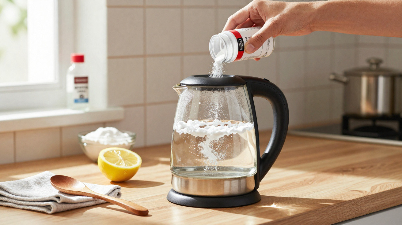 Eine Hand streut Pulver in einen Wasserkocher mit Wasser auf einer Küchenarbeitsplatte.