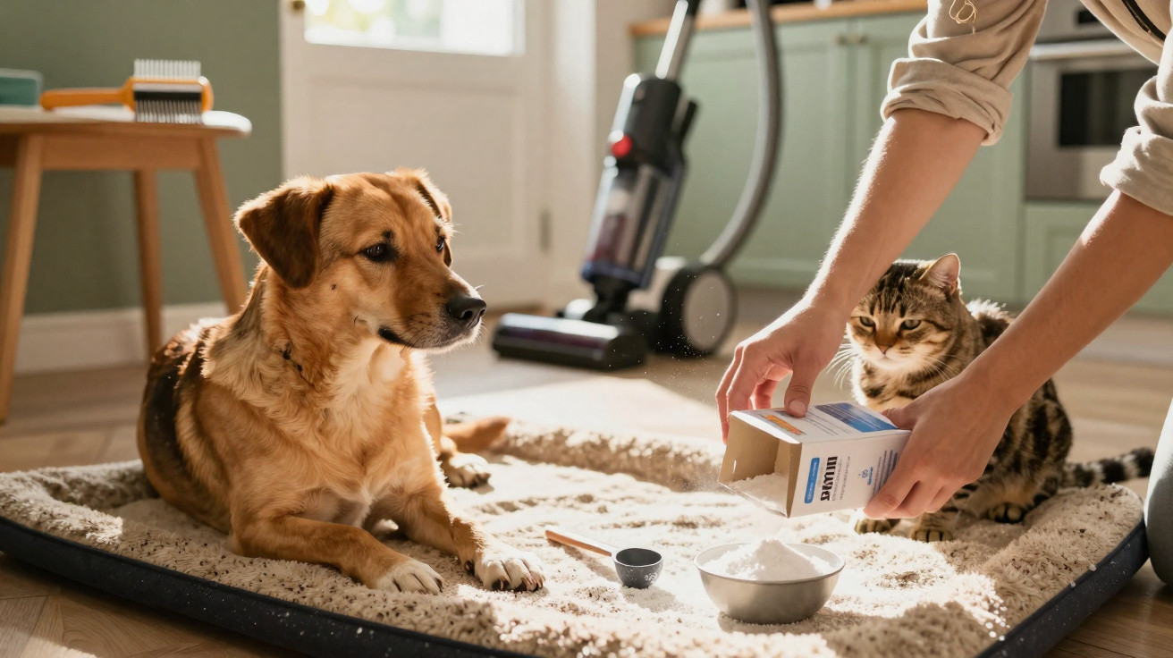 Hund und Katze liegen auf Teppich, Mensch schüttet Backpulver in Schüssel, Staubsauger im Hintergrund