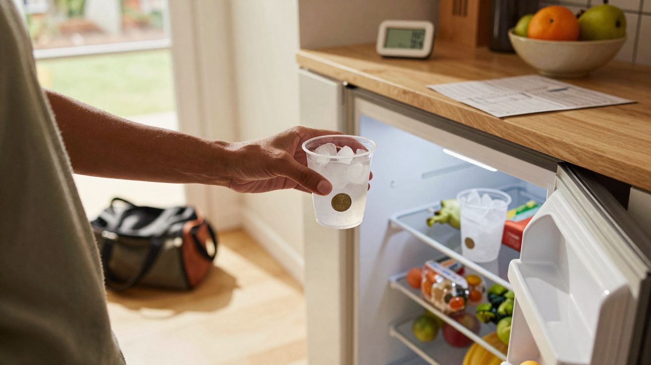 Hand hält Becher mit Eis vor offenem Kühlschrank mit Obst und Getränken in Küche.