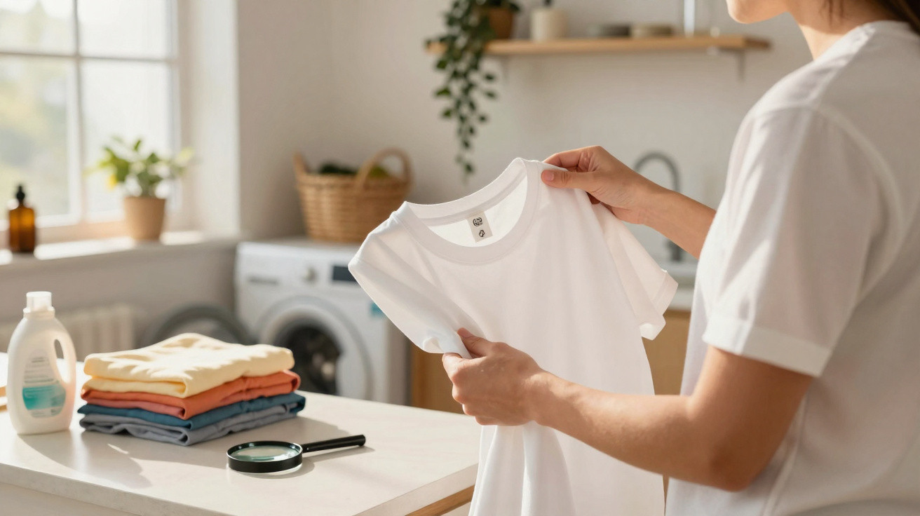 Frau überprüft ein sauberes weißes T-Shirt in einem hellen Waschraum mit Waschmaschine und Wäschekorb.