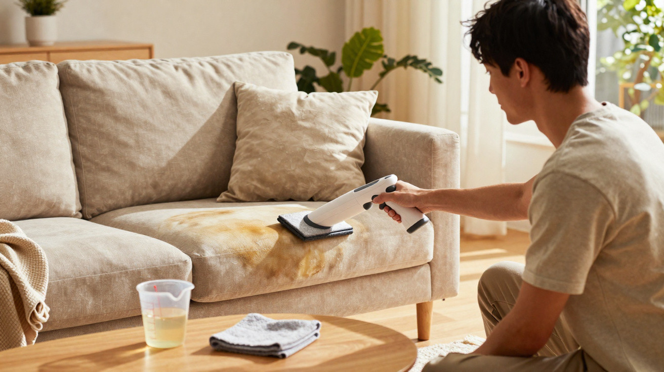 Mann reinigt Fleck auf beigem Sofa mit Dampfreiniger in hellem Wohnzimmer.