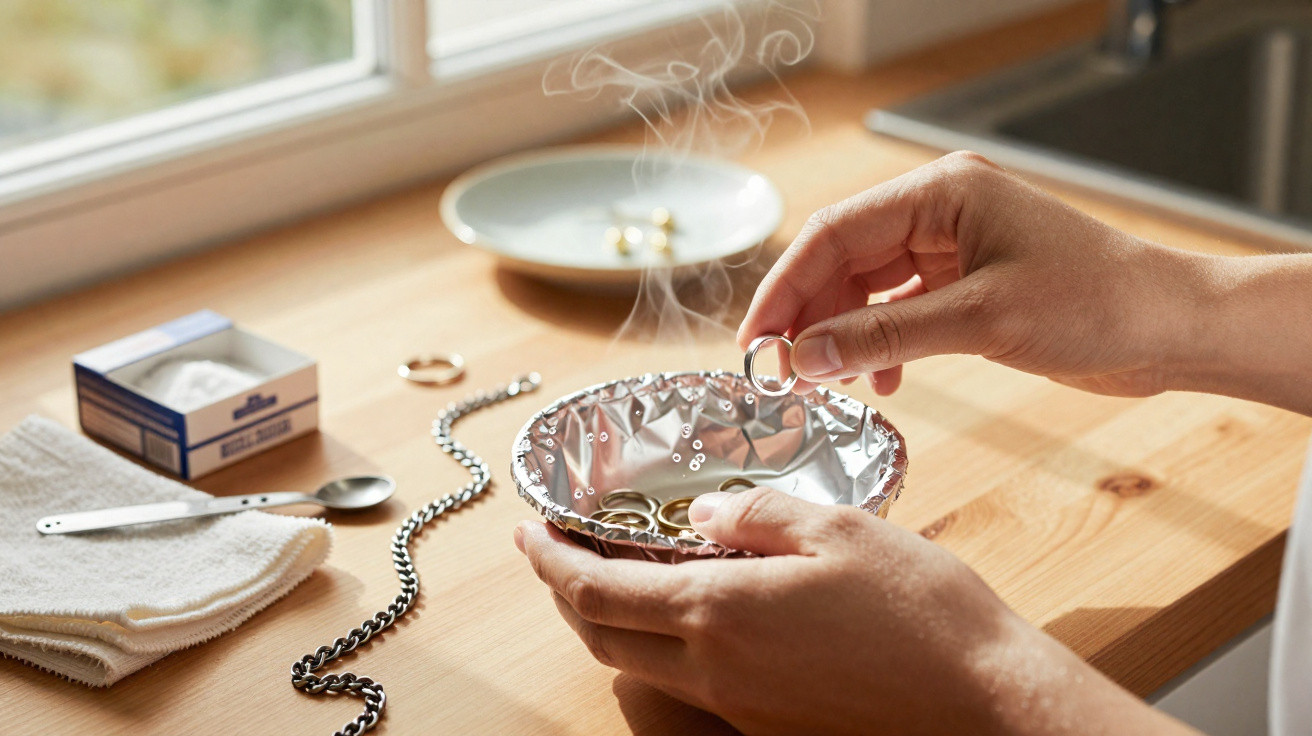 Person reinigt Schmuck in einer mit Aluminiumfolie ausgelegten Schale mit Dampf auf einem Holztisch.