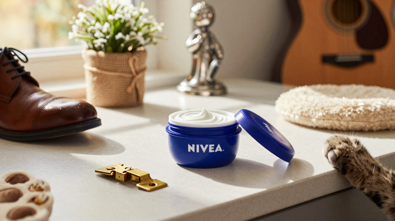 Geöffnete Nivea Creme Dose auf Fensterbrett mit Lederschuh, Pflanze, Gitarre und Katzenpfote.