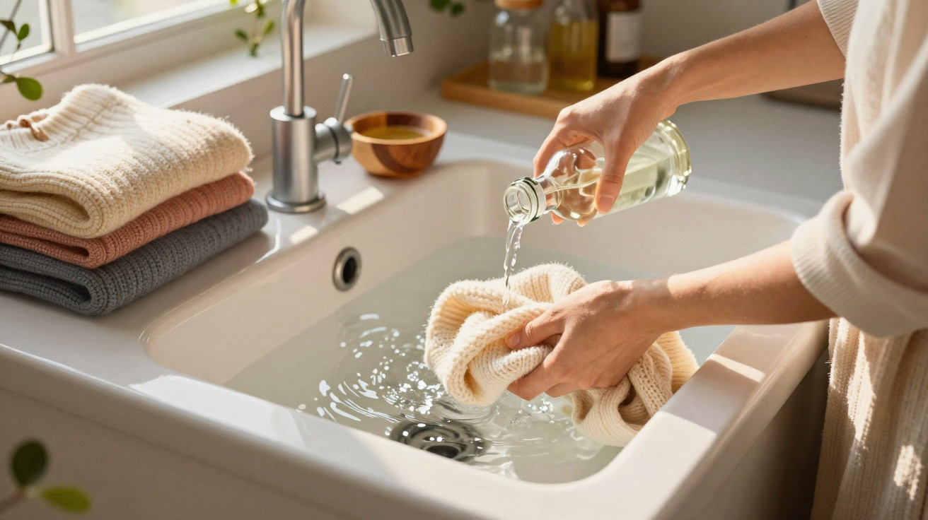 Person gießt Flüssigkeit auf ein handgestricktes Handtuch im Spülbecken, daneben gefaltete Handtücher.