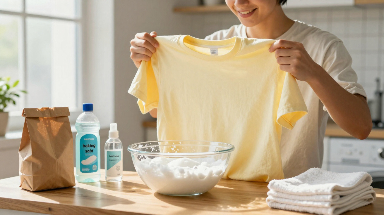 Person hält ein gelbes T-Shirt über eine Schüssel mit Waschschaum in einer Küche.