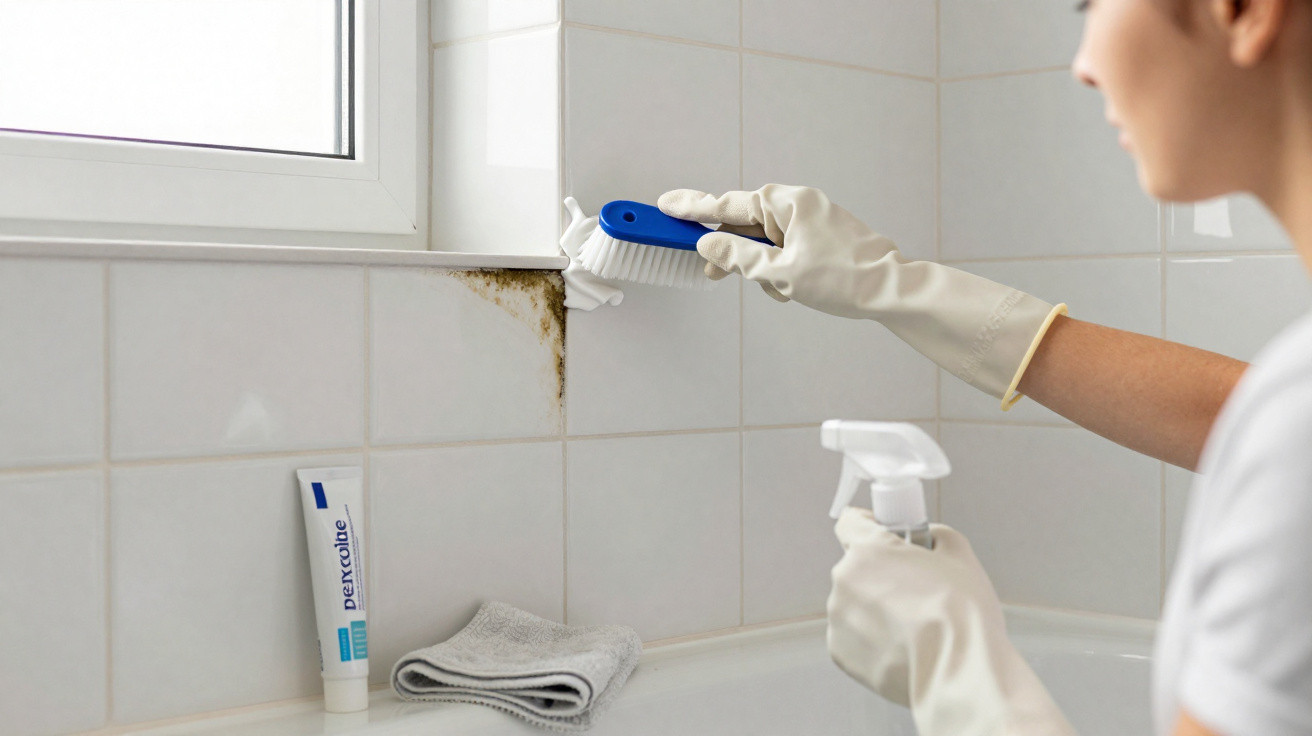 Person reinigt Schimmel an Fliesenfuge neben Fenster mit Bürste und Reinigungsmittel im Badezimmer