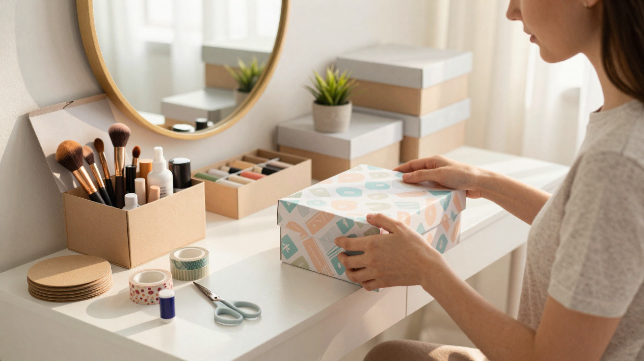 Frau packt Geschenkbox an einem weißen Schminktisch mit Kosmetik und Dekoration in hellem Raum.