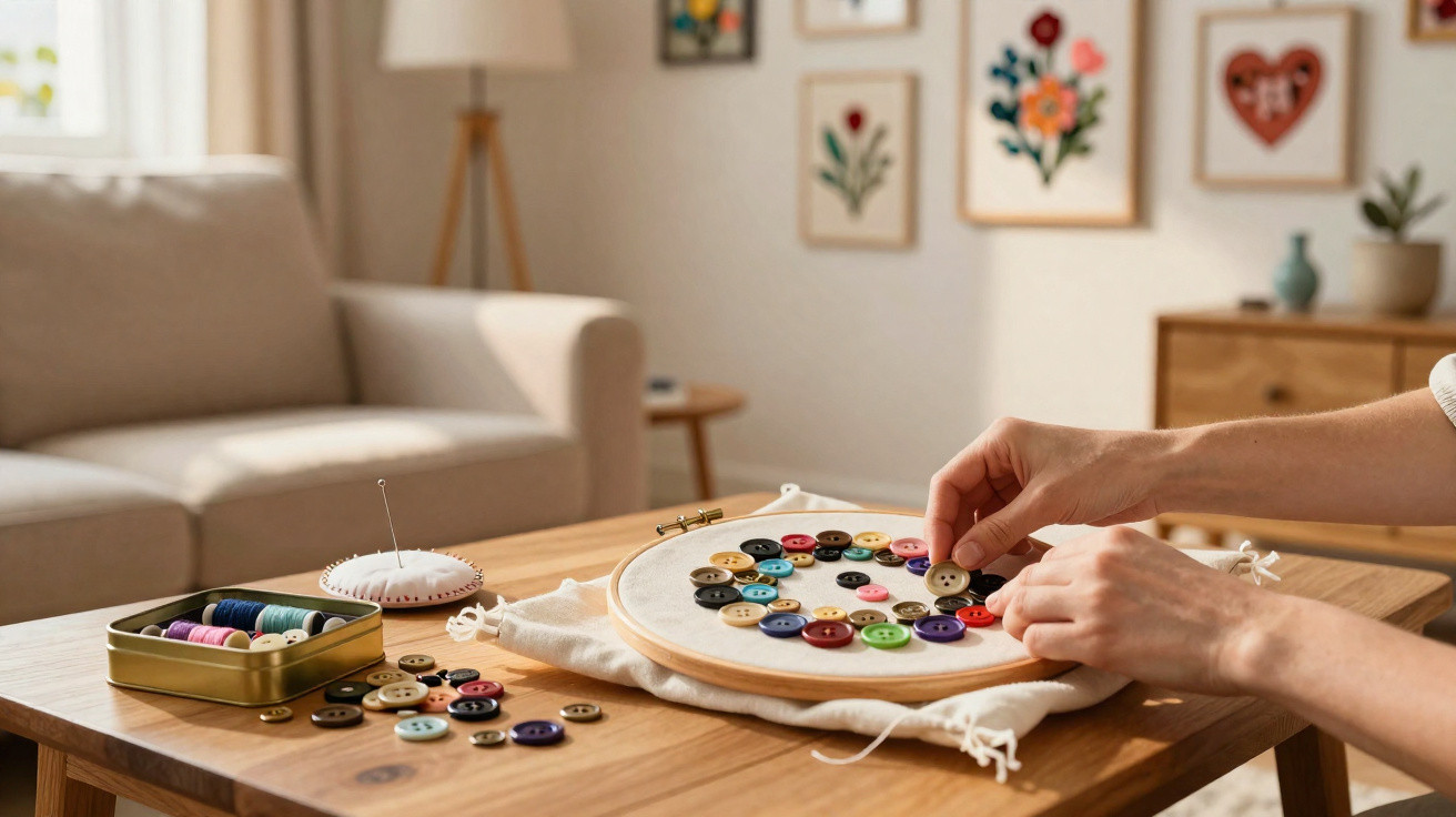 Person ordnet bunte Knöpfe in einem Stickrahmen auf einem Holztisch in einem gemütlichen Wohnzimmer.