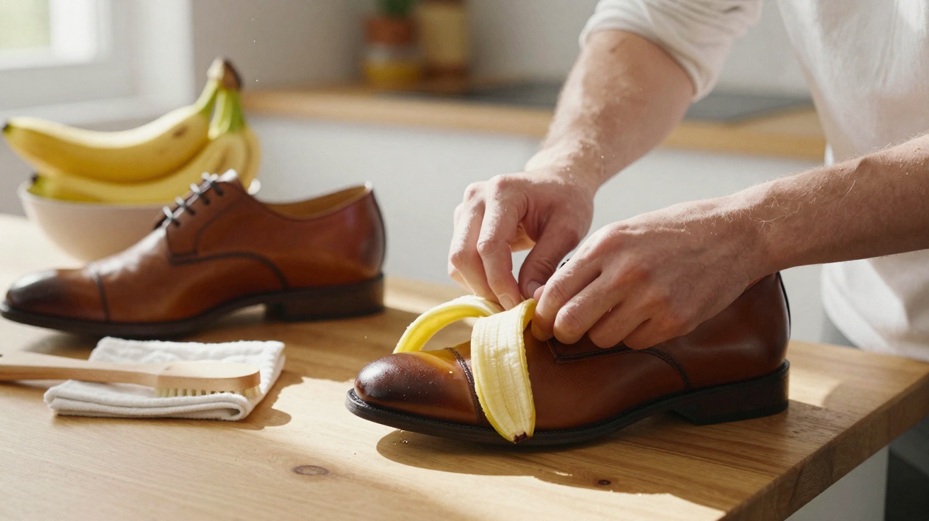 Person schält eine Banane direkt auf einem braunen Lederschuh auf einem Holztisch.