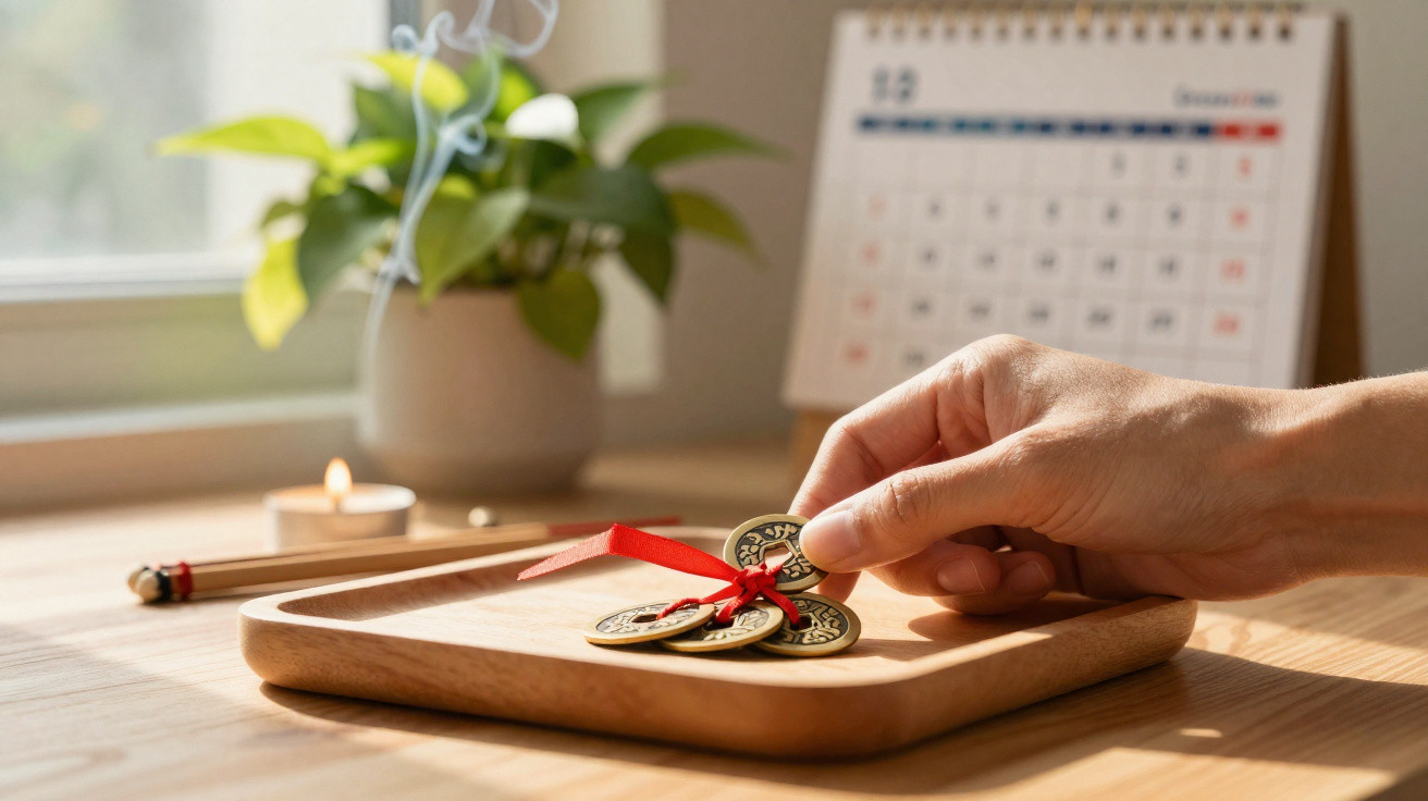Hand legt chinesische Münzen mit rotem Band in Holzschale, Kerze, Pflanze und Kalender im Hintergrund.